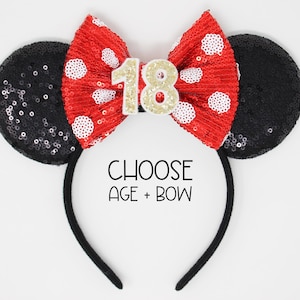 18th Birthday Mouse Ears Headband | Black Sequin Ears + Choose Bow & Age