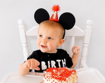 Birthday Mouse Ears | Black Headband with Red Mini Party Hat