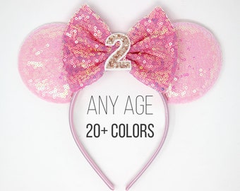 2nd Birthday Mouse Ears | Second Birthday Mouse Ear Headband | 2nd Birthday Ears | Candy Pink Mouse Ears | Any Age + Choose Bow Color