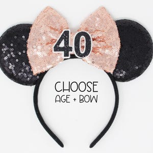 40th Birthday Mouse Ears Headband | Fabulous Forty | Black Sequin Ears + Choose Bow + Back Sequin Birthday Number | Any Age