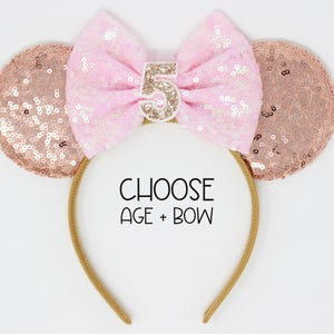 5th Birthday Mouse Ears Headband | Rose Gold Mouse Birthday Party | Choose Bow + Any Age