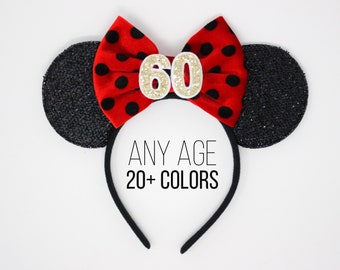 60th Birthday Mouse Headband | Polka Dot Mouse Ears | 60th Birthday Mouse Ears | Polka Dot Headband Ears | Choose Age