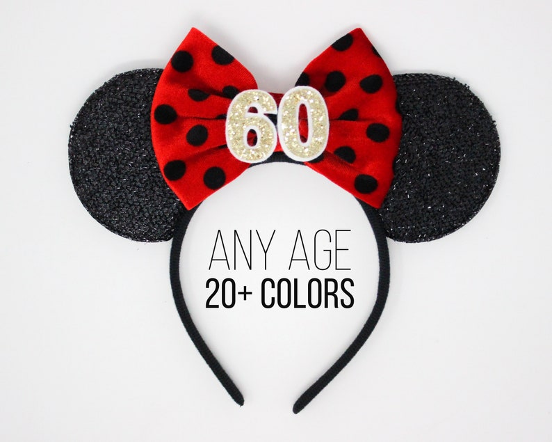 60th Birthday Mouse Headband Polka Dot Mouse Ears 60th Birthday Mouse Ears Polka Dot Headband Ears Choose Age image 1