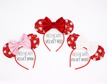 Valentines Mouse Ears | Valentine's Day Mouse Ear Headband | Sequin Red Hearts Mouse Ears Headband | Choose Bow Color