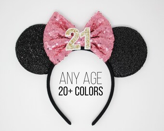 21st Birthday Mouse ears One Size | 21st Birthday Mouse Ears | Mouse headband | Party ears | Pink Mouse ears | Choose Ear + Bow Color