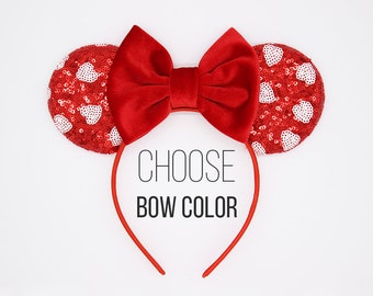 Valentines Mouse Ears | Valentine's Day Mouse Ear Headband | Sequin Red Hearts Mouse Ears Headband | Choose Bow Color