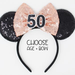 50th Birthday Mouse Ears Headband | Fabuous Fifty | Black Sequin Ears + Choose Bow + Back Sequin Birthday Number | Any Age