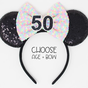 50th Birthday Mouse Ears Headband | Fabuous Fifty | Black Sequin Ears + Choose Bow + Back Sequin Birthday Number | Any Age