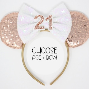21st Birthday Mouse ears One Size | 21 Birthday Mouse Ears | Mouse headband | Party ears | Rose Gold Mouse ears | Choose Age + Bow Color