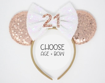 21st Birthday Mouse Ears Headband | Rose Gold Ears + Choose Bow Color & Age