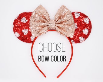 Valentines Mouse Ears | Valentine's Day Mouse Ear Headband | Sequin Red Hearts Mouse Ears Headband | Choose Bow Color