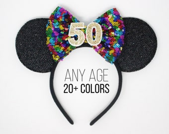 50th Birthday Mouse Ear Headband | 50th Birthday Ears | 50th Birthday Mouse Ears | 50th Birthday Outfit | Choose Age + Bow