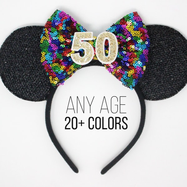 50th Birthday Mouse Ear Headband | 50th Birthday Ears | 50th Birthday Mouse Ears | 50th Birthday Outfit | Choose Age + Bow