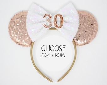 30th Birthday Mouse Ears Headband | Rose Gold Ears + Choose Bow Color & Age