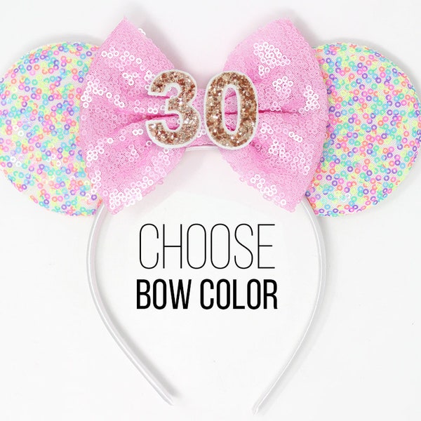 30th Sprinkles Mouse ears One Size | 30th Birthday Mouse Ears | Mouse headband | Party ears | Rose Gold Mouse ears | Choose Age + Bow Color