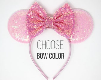 Candy Pink Mouse Ears One Size | Baby Pink Mouse Ear Headband For Adults and Kids | Sequin Mouse Ears | All Ages Ears | Choose Bow Color