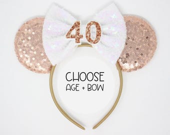 40th Birthday Mouse Ears Headband | Rose Gold Ears + Choose Bow Color & Age