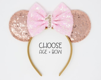 1st Birthday Mouse Ears Headband | Rose Gold Sequin Ears + Choose Bow & Age