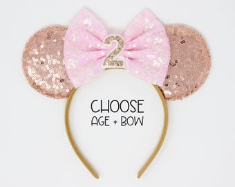 Birthday Mouse Ears Headband | Rose Gold Sequin Ears + Choose Bow & Age