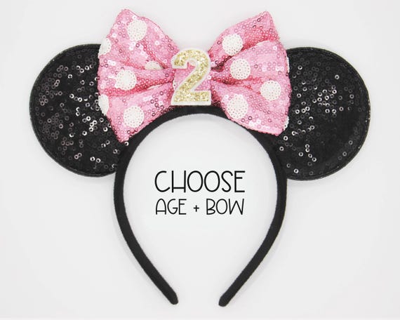 2nd Birthday Mouse Ears Headband | Black Sequin Ears + Choose Bow & Age
