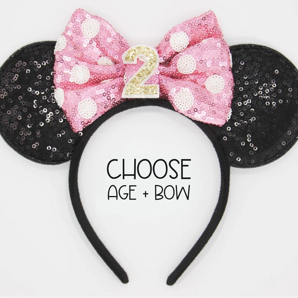 Birthday Mouse Ears Headband | Black Sequin Ears + Choose Bow & Age