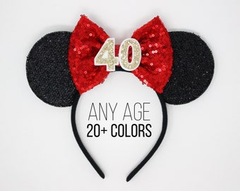 40th Birthday Mouse Ears| Red Polka Dot Ear | Mouse Ear Headband  | Mouse Ears | Mouse Party | Party Sequin Bow | Birthday Outfit