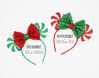 Swirl Mouse Ears Headband | Christmas Candy Ears | Peppermint Bubblemint Spearmint | Choose Bow Color