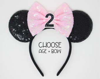2nd Birthday Mouse Ears Headband | Black Sequin Ears + Choose Bow & Age