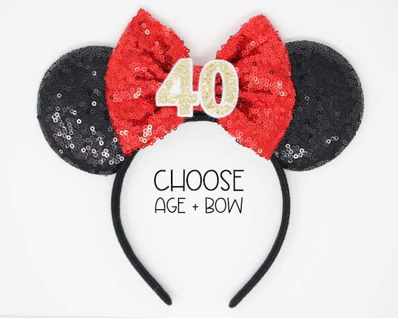 40th Birthday Mouse Ears Headband | Black Sequin Ears + Choose Bow Color & Age