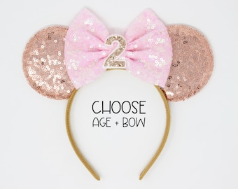 2nd Birthday Mouse Ears Headband | Rose Gold Sequin Ears + Choose Bow & Age