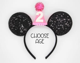 Birthday Mouse Ears | Black Sequin Headband with Hot Pink Mini Hat