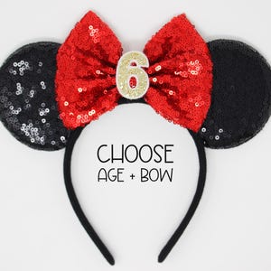 6th Birthday Mouse Ears Headband | Black Sequin Mouse Birthday Party | Choose Bow + Any Age