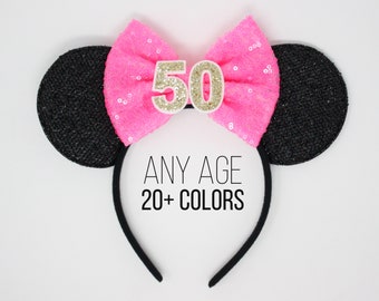 50th Birthday Mouse Ear Headband | 50th Birthday | Ears 50th Birthday Party Ears | 50th Birthday  | Choose Age + Bow