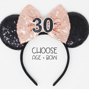 30th Birthday Mouse Ears Headband | Flirty Thirty | Black Sequin Ears + Choose Bow + Back Sequin Birthday Number | Any Age