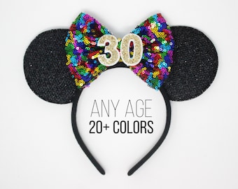 30th Birthday Mouse Ear Headband | 30th Birthday Mouse Ears | 30th Birthday Ears | 30th Birthday Outfit | Choose Age + Bow