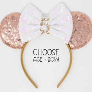 5th Birthday Mouse Ears Headband | Rose Gold Mouse Birthday Party | Choose Bow + Any Age