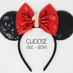 1st Birthday Mouse Ears Headband | Black Sequin Mouse Birthday Party | Choose Bow + Any Age