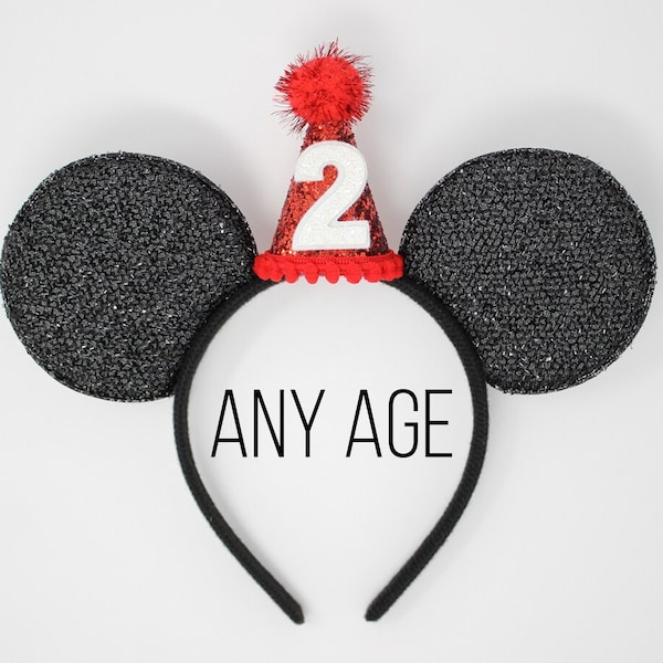 2nd Birthday Mouse Ears | Mouse Birthday Ears with Mini Hat | Mouse Ear Birthday Headband | Birthday Party Hat | Red