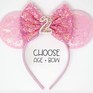 2nd Birthday Mouse Ears Headband | Candy Pink Sequin Ears + Choose Bow & Age