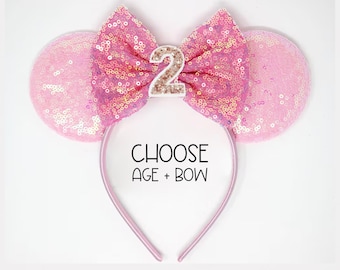 2nd Birthday Mouse Ears Headband | Candy Pink Sequin Ears + Choose Bow & Age