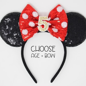 5th Birthday Mouse Ears Headband | Black Sequin Mouse Birthday Party | Choose Bow + Any Age