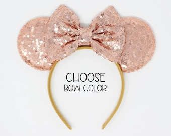 Rose Gold Mouse Ears One Size | Choose Bow Color | Rose Gold White Sequin Mouse Ears for All Ages