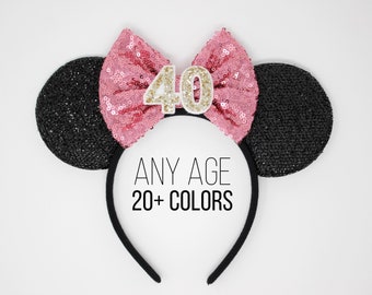 40th Birthday Mouse Headband | 40th Birthday Ears | 40th Birthday Mouse Ears Headband | 40th Birthday Mouse Ears | Choose Age + Bow Color