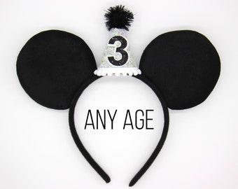 Mouse Birthday Ears with Mini Party Hat | Mini Hat Mouse Birthday Ears | Magic Mouse Ears Headband | Black Felt Ears + Iridescent Mini Hat