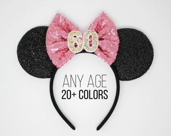 60th Birthday Mouse Ear Headband | 60th Birthday Ears | 60th Birthday Mouse Ears | 60th Birthday Headband Ears | Choose Age + Bow Color