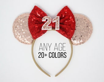 21st Birthday Mouse Ear Headband | 21 Birthday Ears | Rose Gold Mouse Ears | 21st Birthday Outfit | Choose Age + Bow