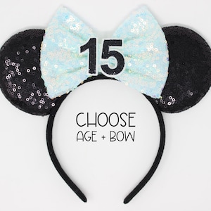 15th Birthday Mouse Ears Headband | Quinceanera | Black Sequin Ears + Choose Bow + Black Sequin Birthday Number | Any Age