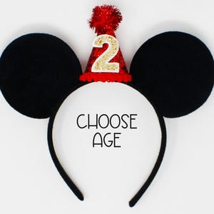 2nd Birthday Mouse Ears | Black Felt Mouse Birthday Ears with Mini Hat | Mouse Ear Birthday Headband | Red Mini Hat on Felt Ears