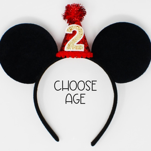 Birthday Mouse Ears | Black Headband with Red Mini Party Hat