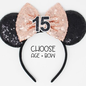 15th Birthday Mouse Ears Headband | Quinceanera | Black Sequin Ears + Choose Bow + Black Sequin Birthday Number | Any Age